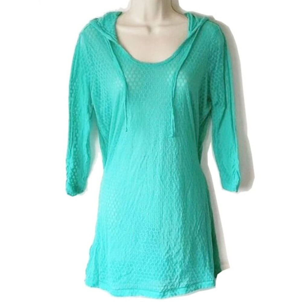 NWOT Marika Balance Collection Sheer Honeycomb Hoodie Tunic M Aqua
